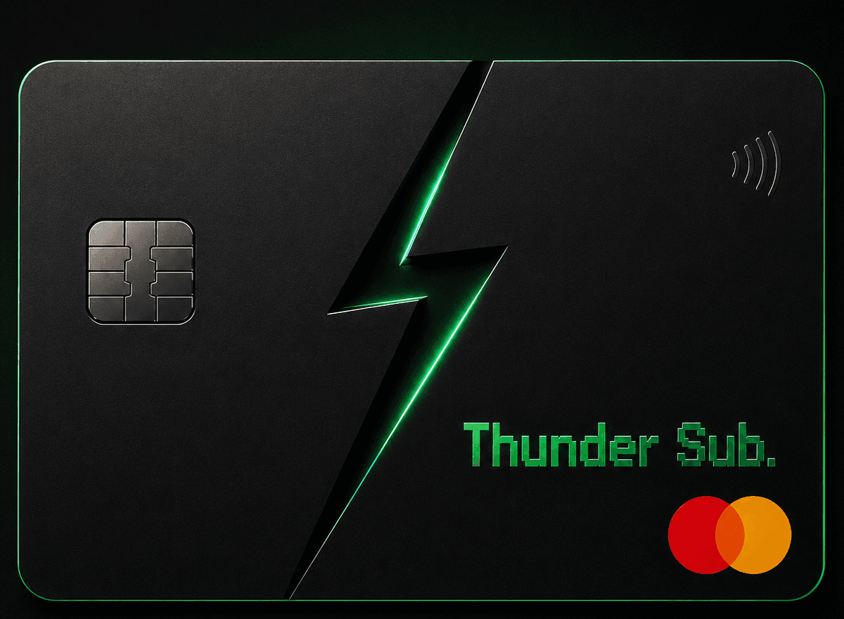 ThunderSub virtual Mastercard, matte black with a neon green lightning bolt splitting the face