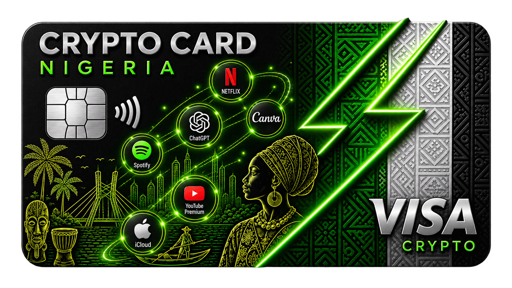 ThunderSub Crypto Card Nigeria — a black Visa crypto card with Nigerian green and white detailing, showing Netflix, ChatGPT, Canva, Spotify, YouTube Premium and iCloud
