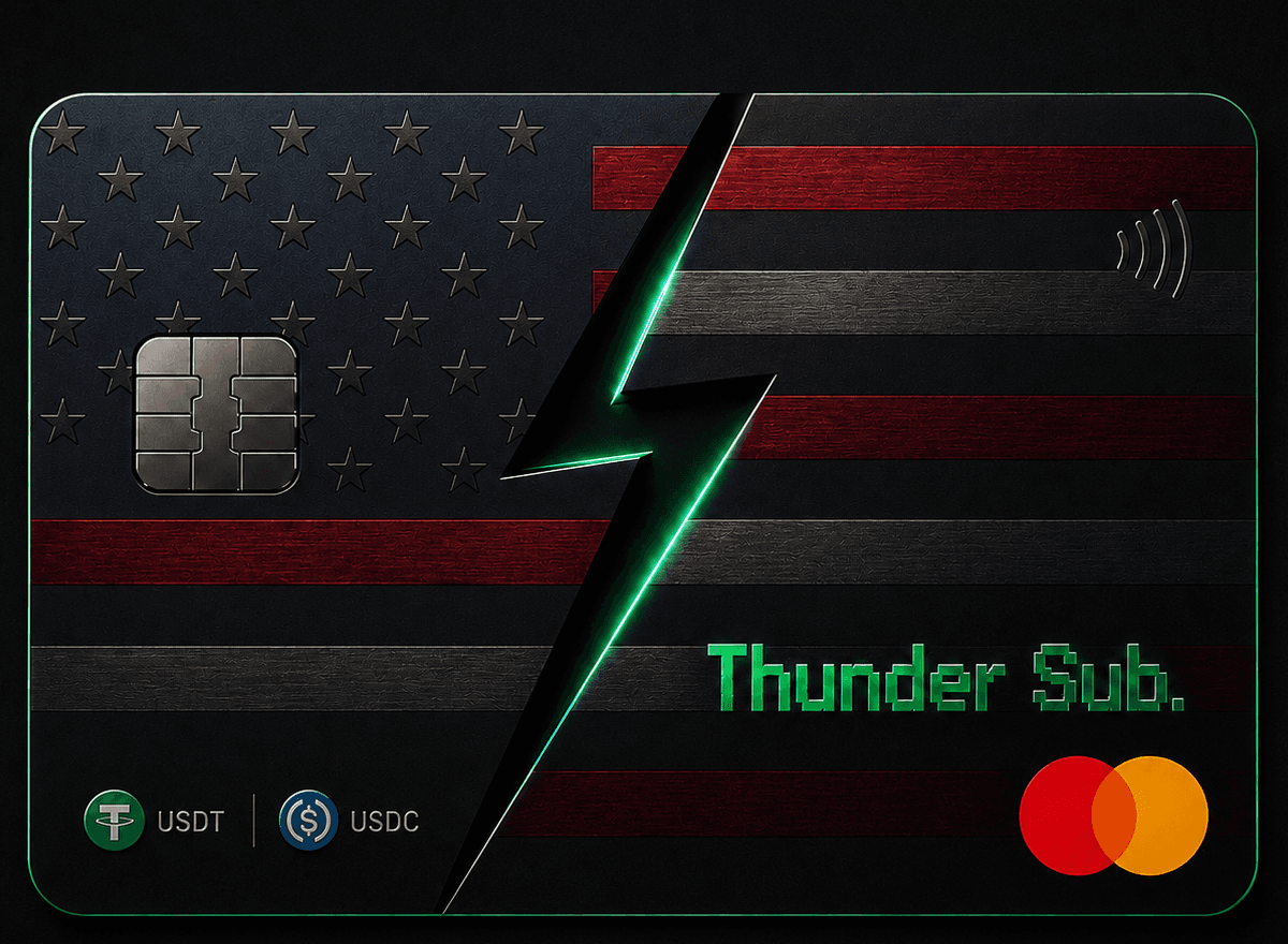 ThunderSub virtual Mastercard in the USD design, a darkened US flag split by a neon green lightning bolt, marked USDT and USDC